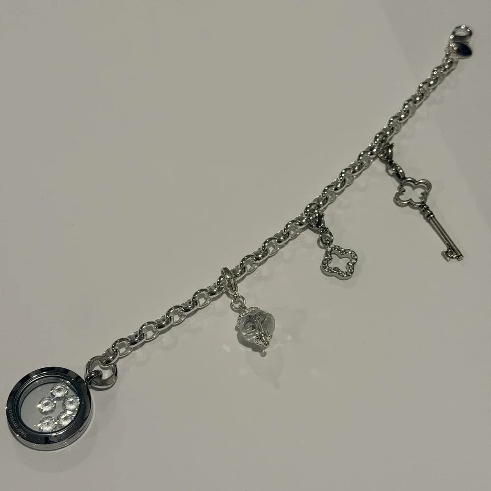 Origami Owl Silver Tone 5 Floating Crystal Charm Bracelet Locket Key Clover 7.5